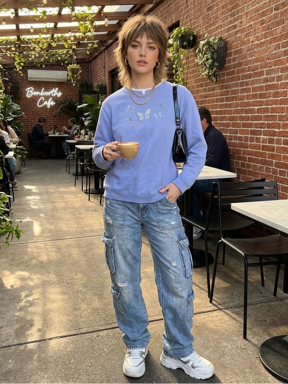 Vintage Bon Worth Crewneck Sweatshirt Blue with embroidered butterflies Sz Large